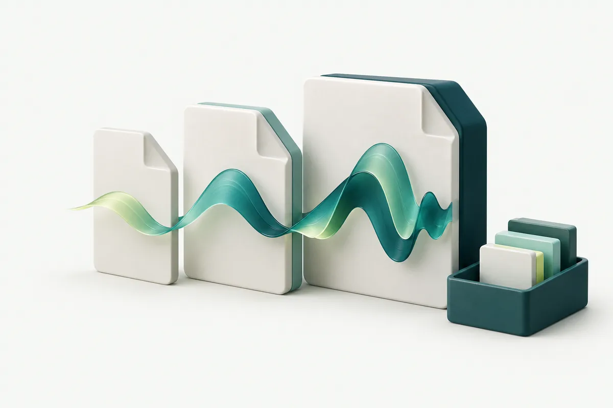 Three blank sculptural audio-file tiles of different thicknesses with a sound ribbon and a small storage tray.