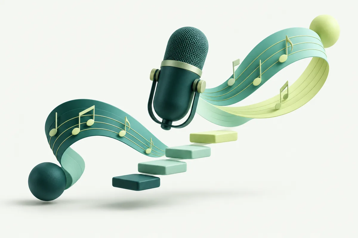 Abstract microphone with musical ribbons and steps at different heights, representing a change of key.