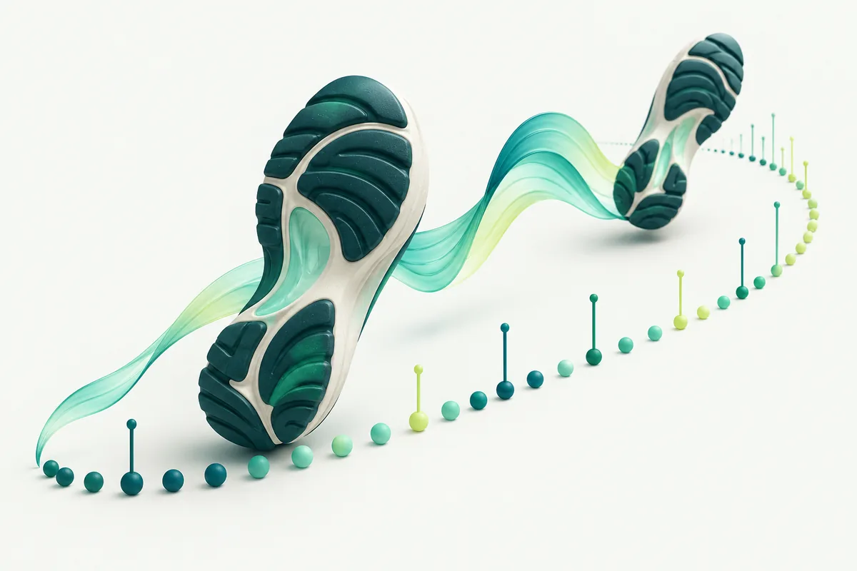 Abstract running soles following a curved path of beat markers, connected by a mint sound ribbon.