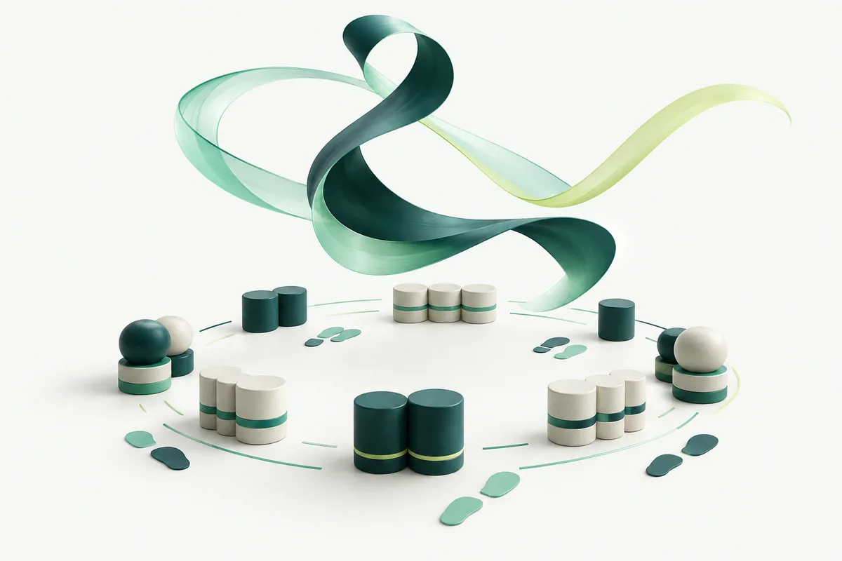 Flowing teal ribbons above grouped beat markers and small abstract footprints arranged in a circle.