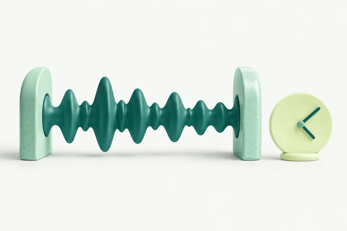 An unbroken teal audio wave between two mint end markers, beside an abstract clock with no numbers.