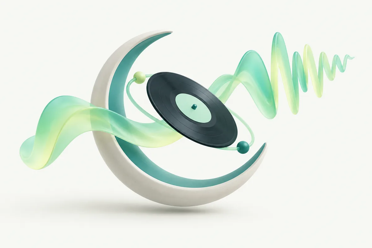 Abstract vinyl disc, crescent arc and rising sound ribbon with closely spaced pulses, suggesting a faster and brighter music edit.