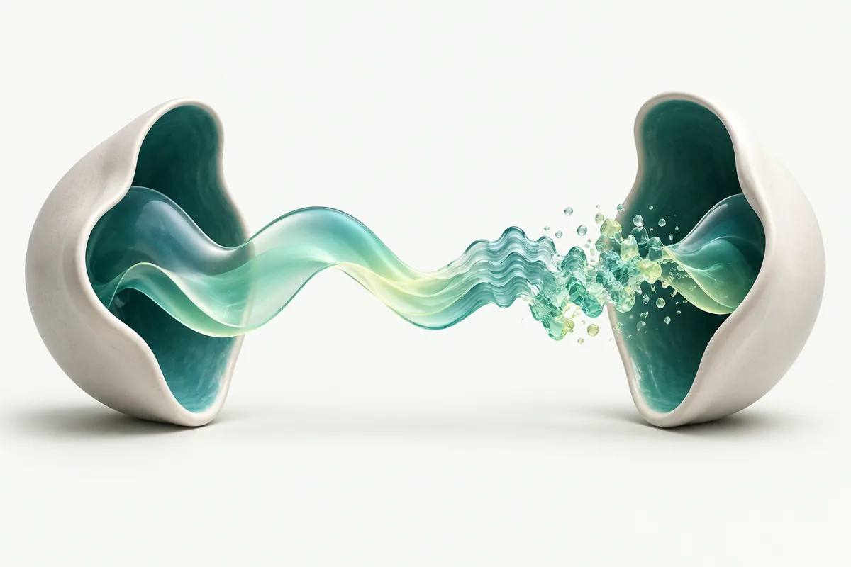 A sound ribbon with smooth and rippled sections between two abstract ceramic listening shells.