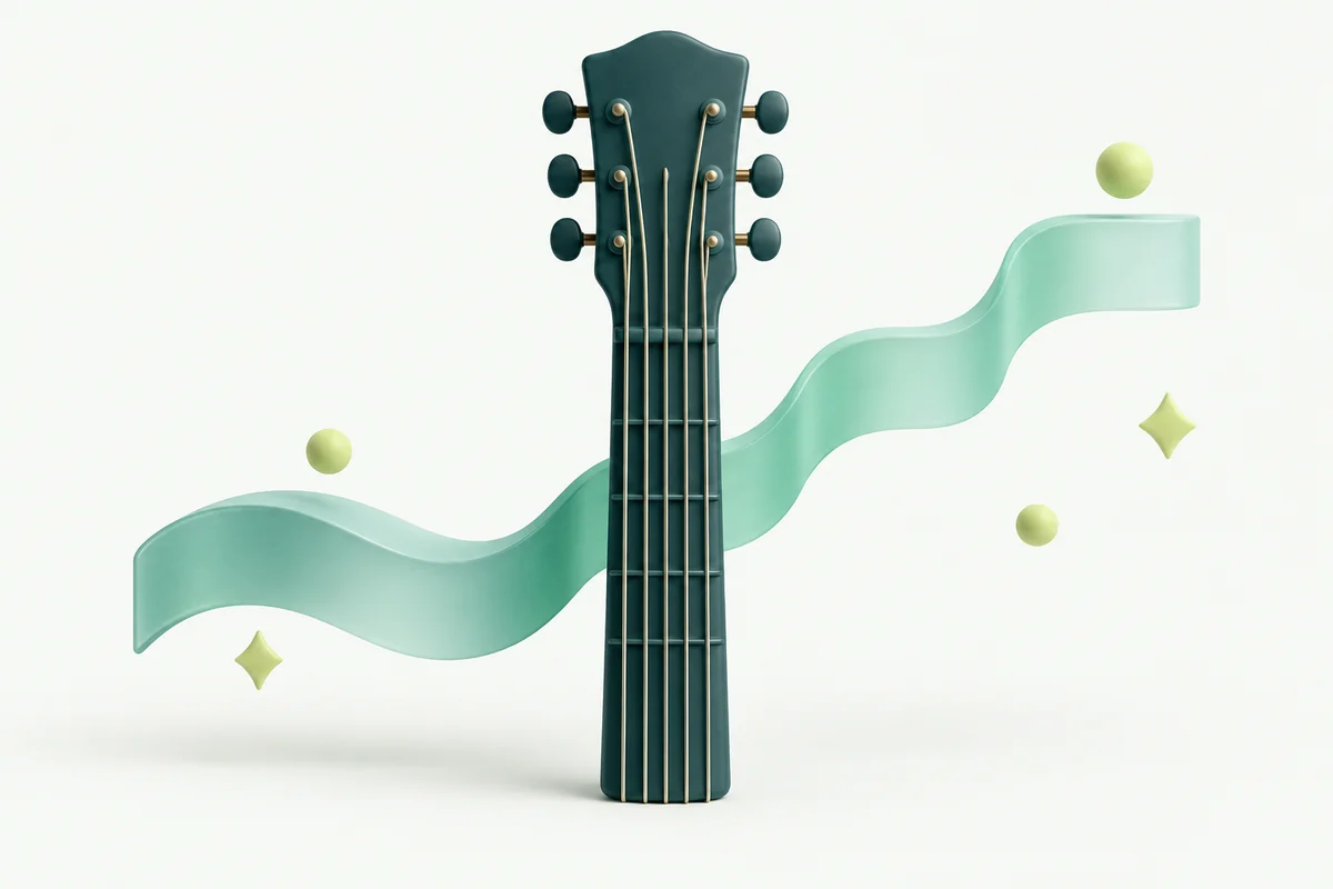 Abstract teal guitar neck beside a mint sound ribbon rising one level, representing moving the recording while keeping the guitar unchanged.