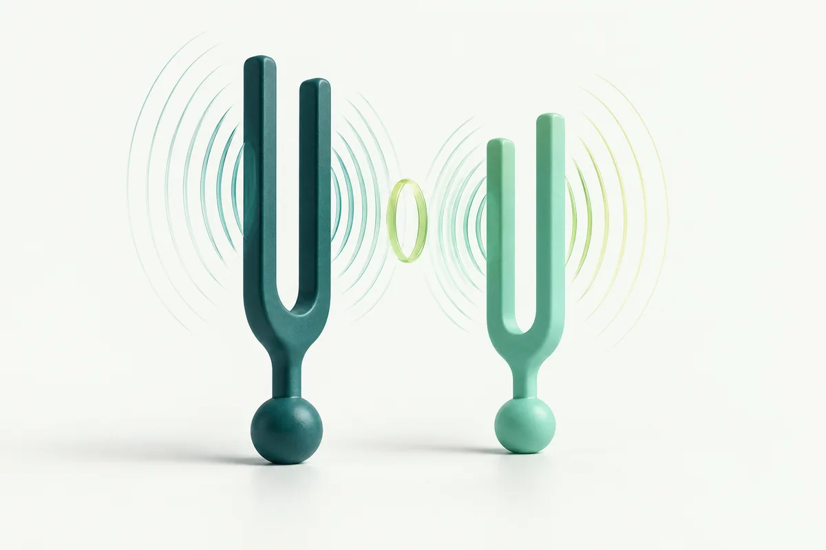 Two teal and mint tuning forks with delicate wave arcs and a small adjustment ring between them.