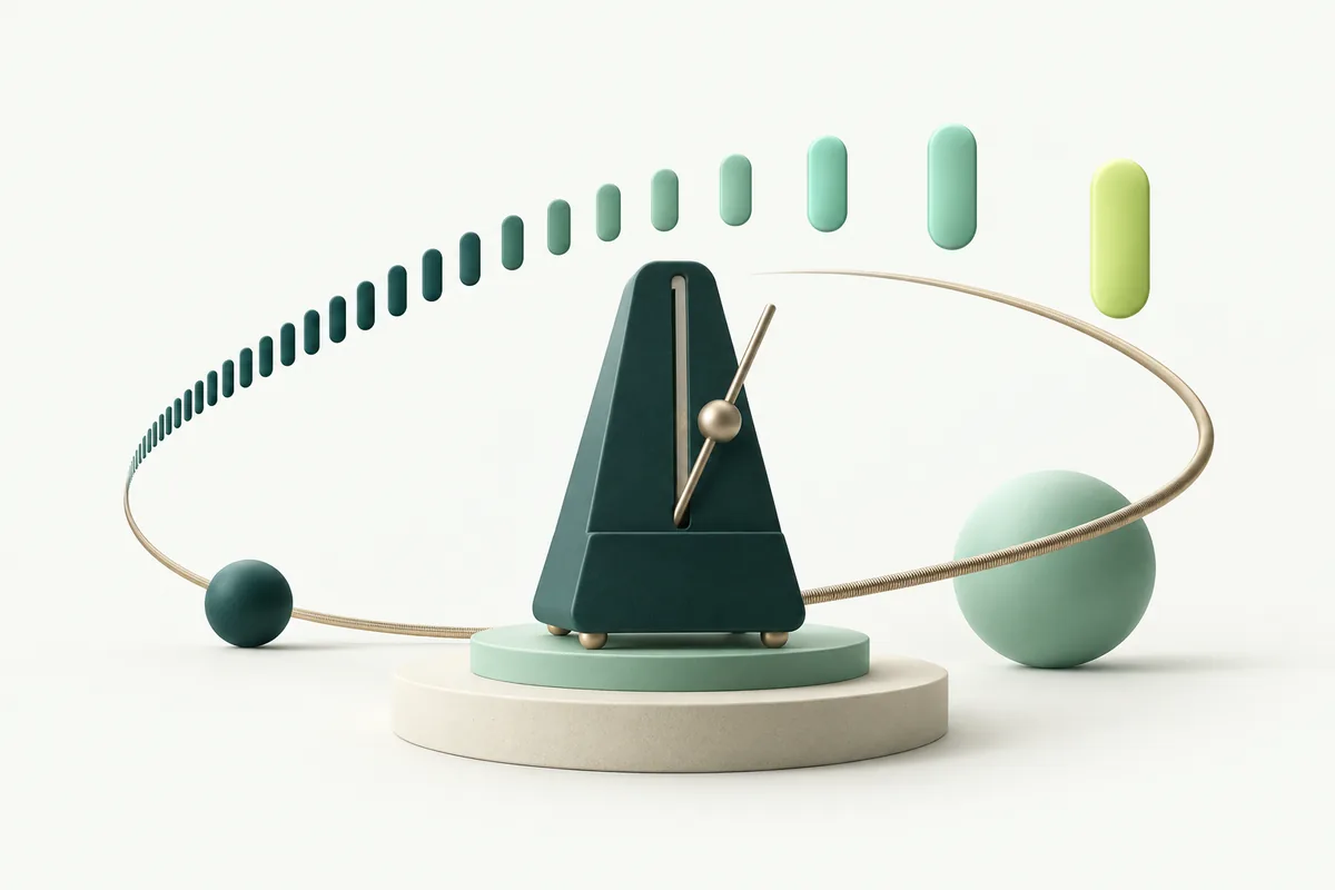 Abstract metronome surrounded by increasingly spaced beat markers and a curved musical string.